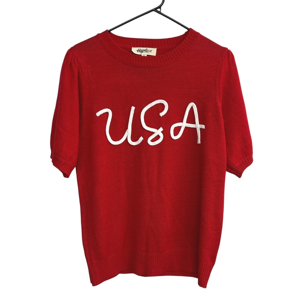Haptics USA Knit Sweater Top S Red Short Sleeve Retro Prep Americana Statement‎